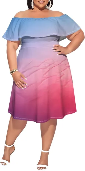 Plus Size Dresses for Curvy Women 2024 Summer One Shoulder Fade Color Short Sleeve Sexy Midi Dress