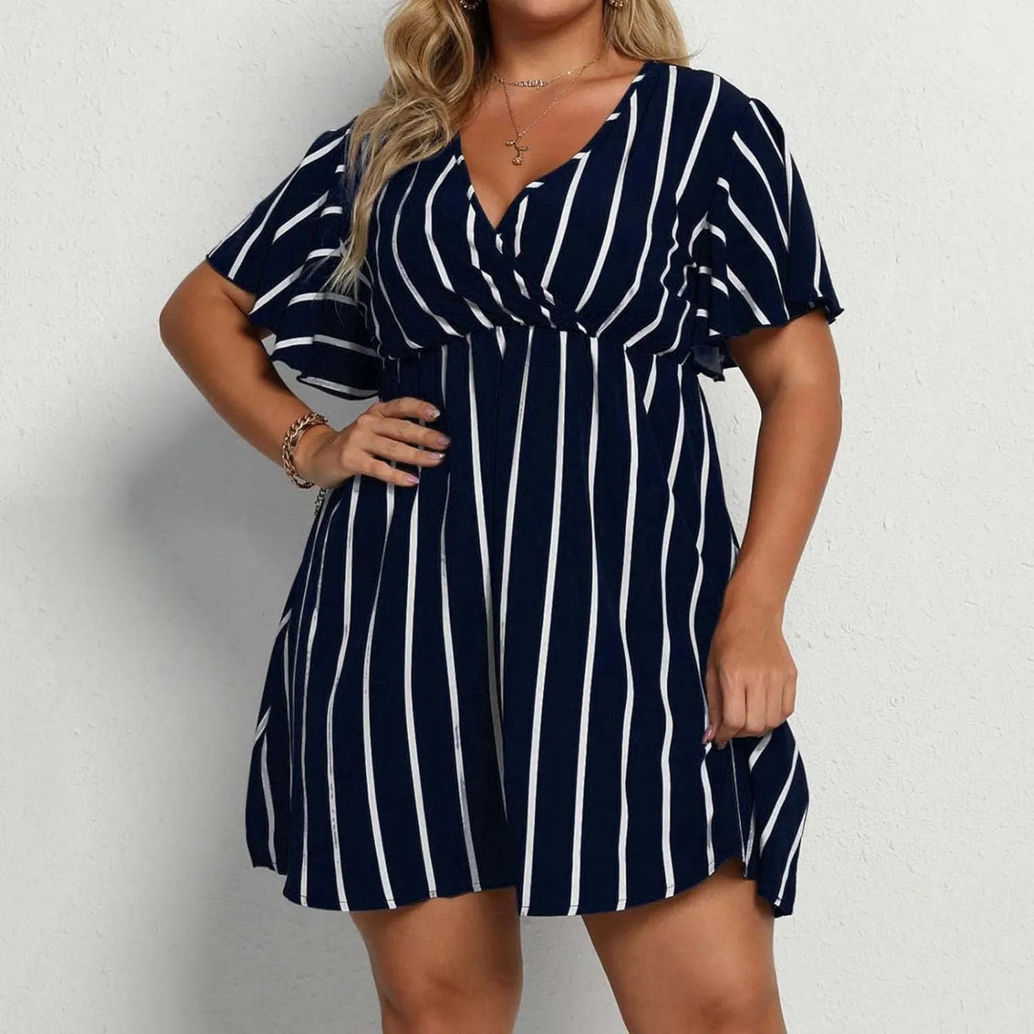 Plus Size Dresses for Curvy Women Short Sleeve V Neck Tunic Mini Dress Summer Casual Striped The Waist Sundress 2025