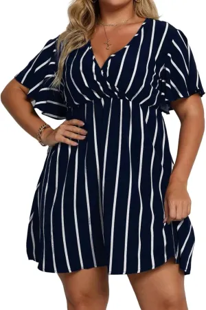 Plus Size Dresses for Curvy Women Short Sleeve V Neck Tunic Mini Dress Summer Casual Striped The Waist Sundress 2025