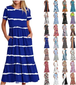 Plus Size Dresses for Curvy Women Summer Casual Short Sleeve Boho Dress Crewneck Ruffle Maxi Sundress Beach Vacation