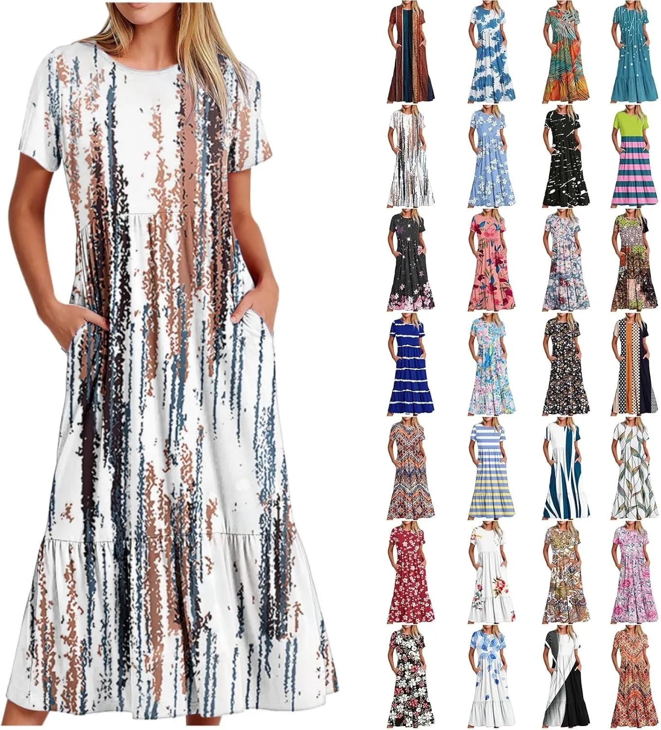 Plus Size Dresses for Curvy Women Summer Casual Short Sleeve Boho Dress Crewneck Ruffle Maxi Sundress Beach Vacation