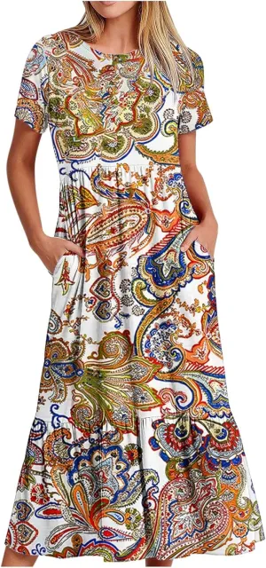 Plus Size Dresses for Curvy Women Summer Casual Short Sleeve Boho Dress Crewneck Ruffle Maxi Sundress Beach Vacation