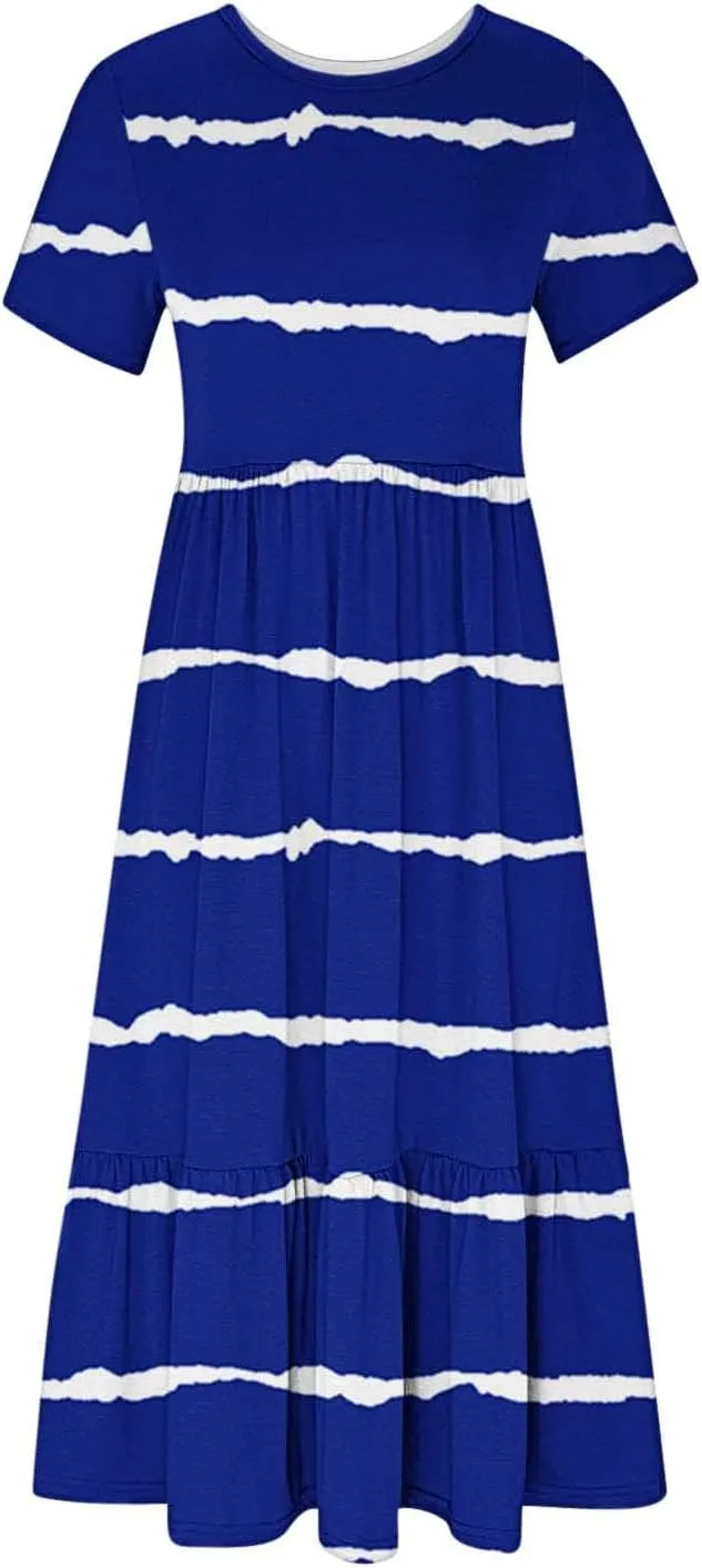 Plus Size Dresses for Curvy Women Summer Casual Short Sleeve Boho Dress Crewneck Ruffle Maxi Sundress Beach Vacation