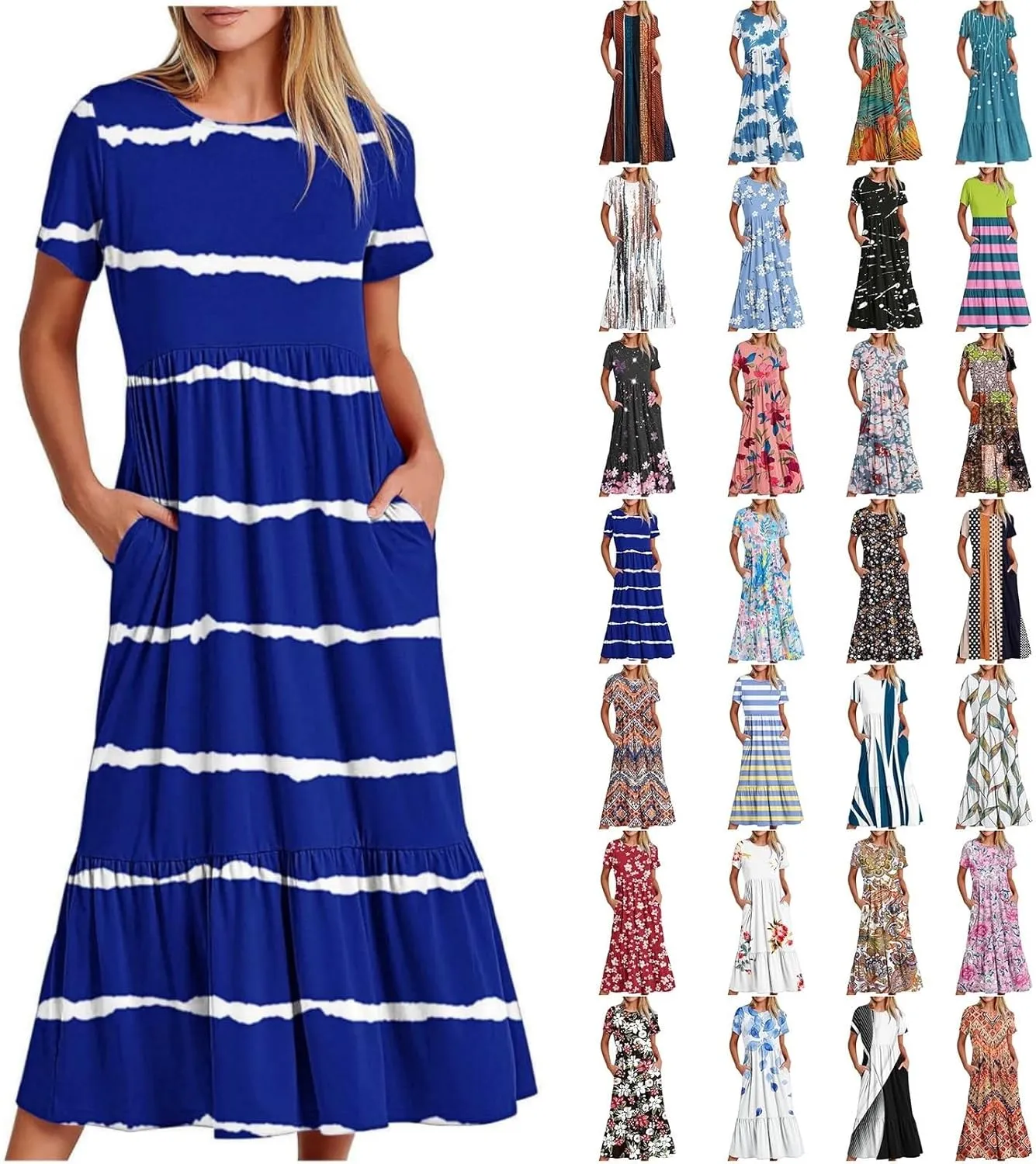 Plus Size Dresses for Curvy Women Summer Casual Short Sleeve Boho Dress Crewneck Ruffle Maxi Sundress Beach Vacation