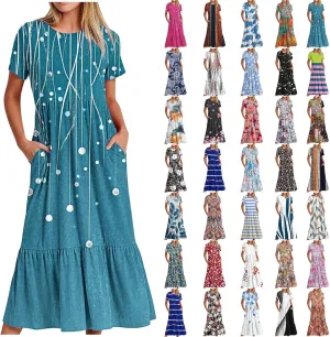 Plus Size Dresses for Curvy Women Summer Casual Short Sleeve Boho Dress Crewneck Ruffle Maxi Sundress Beach Vacation