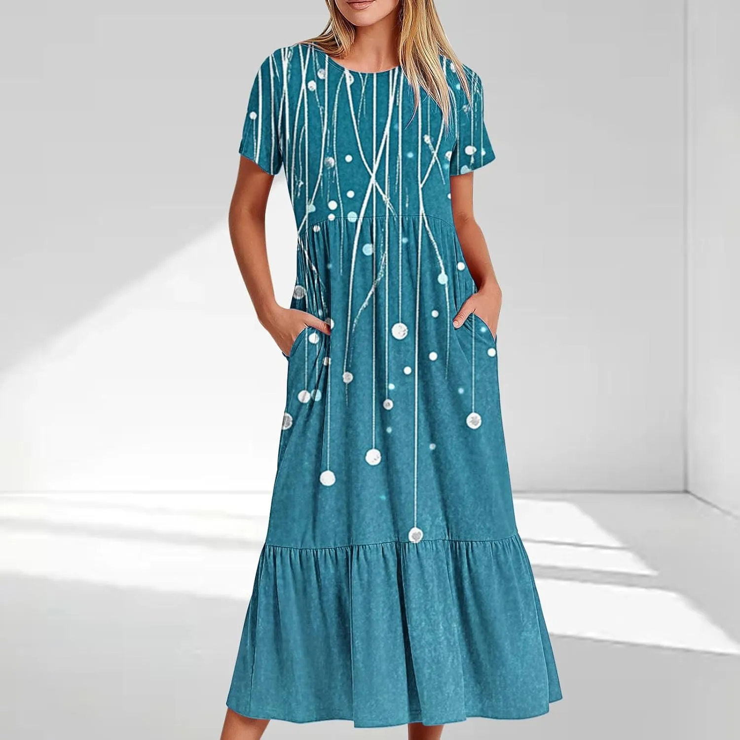 Plus Size Dresses for Curvy Women Summer Casual Short Sleeve Boho Dress Crewneck Ruffle Maxi Sundress Beach Vacation
