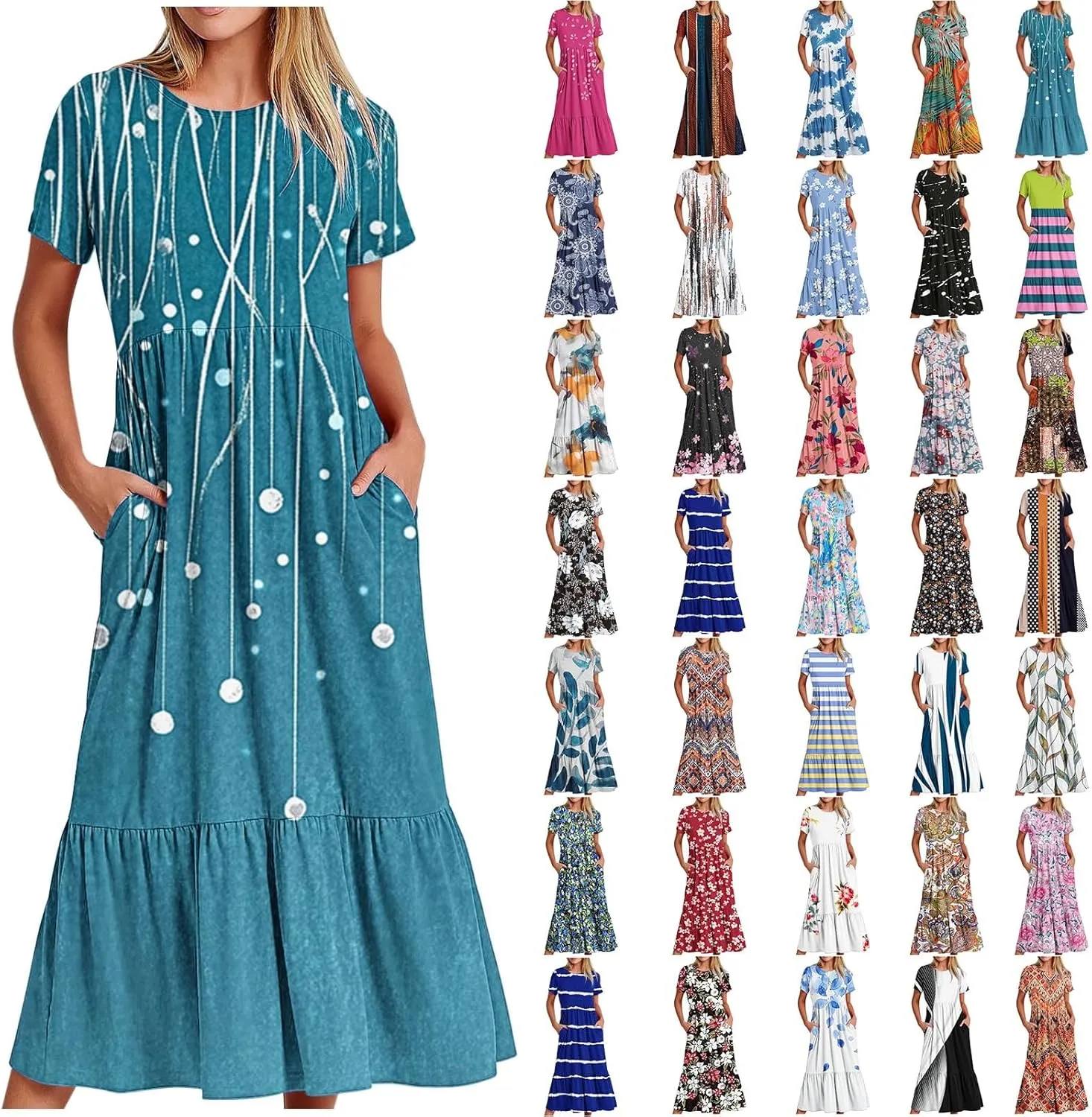 Plus Size Dresses for Curvy Women Summer Casual Short Sleeve Boho Dress Crewneck Ruffle Maxi Sundress Beach Vacation