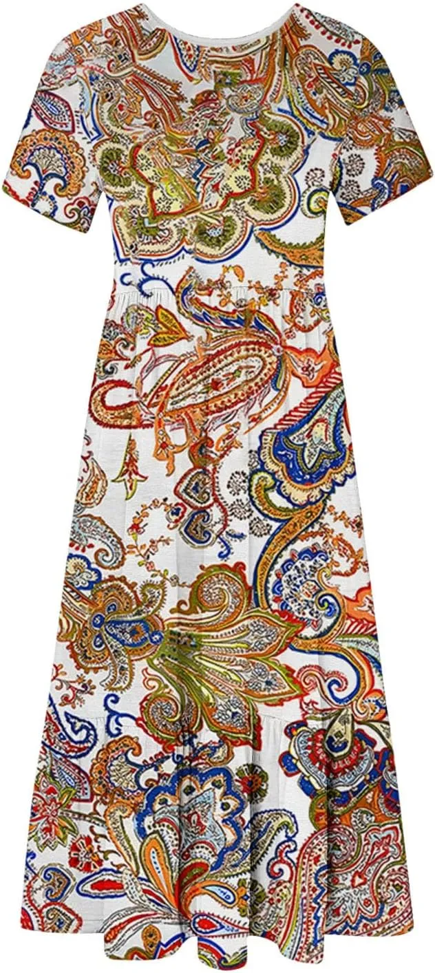 Plus Size Dresses for Curvy Women Summer Casual Short Sleeve Boho Dress Crewneck Ruffle Maxi Sundress Beach Vacation