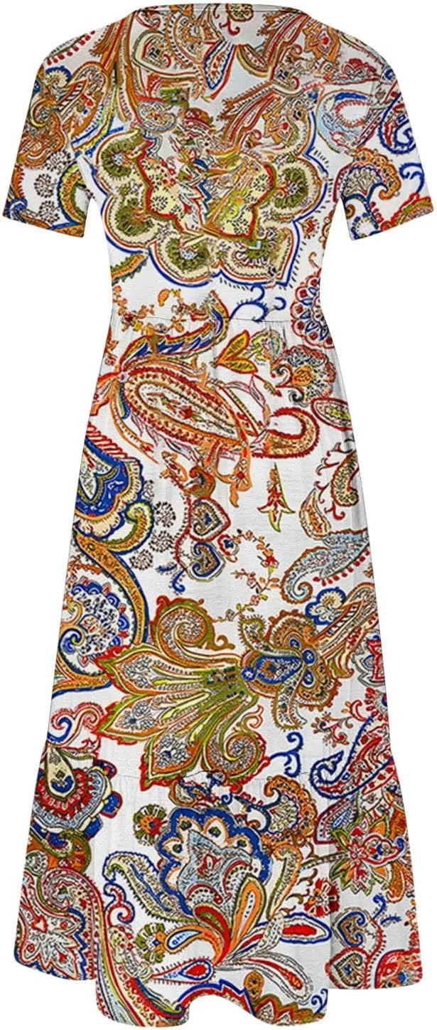 Plus Size Dresses for Curvy Women Summer Casual Short Sleeve Boho Dress Crewneck Ruffle Maxi Sundress Beach Vacation