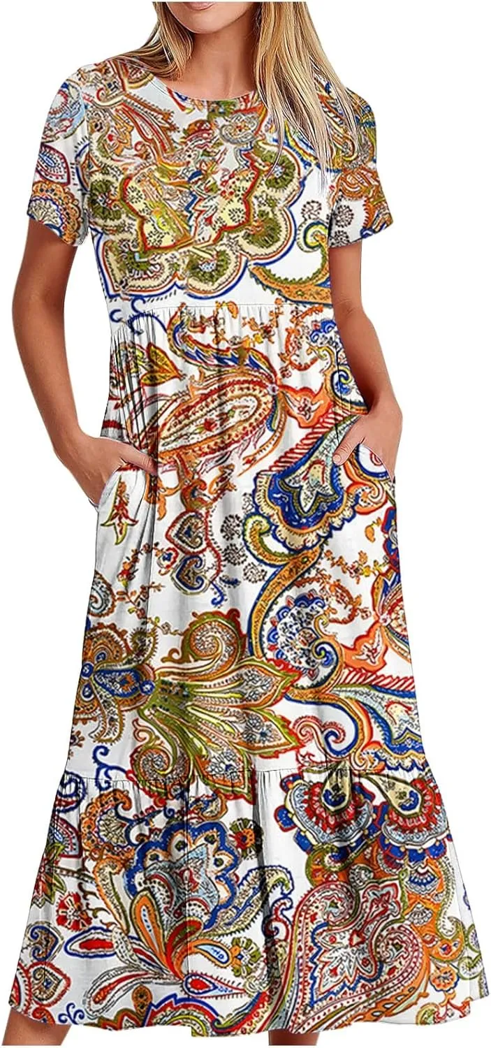 Plus Size Dresses for Curvy Women Summer Casual Short Sleeve Boho Dress Crewneck Ruffle Maxi Sundress Beach Vacation