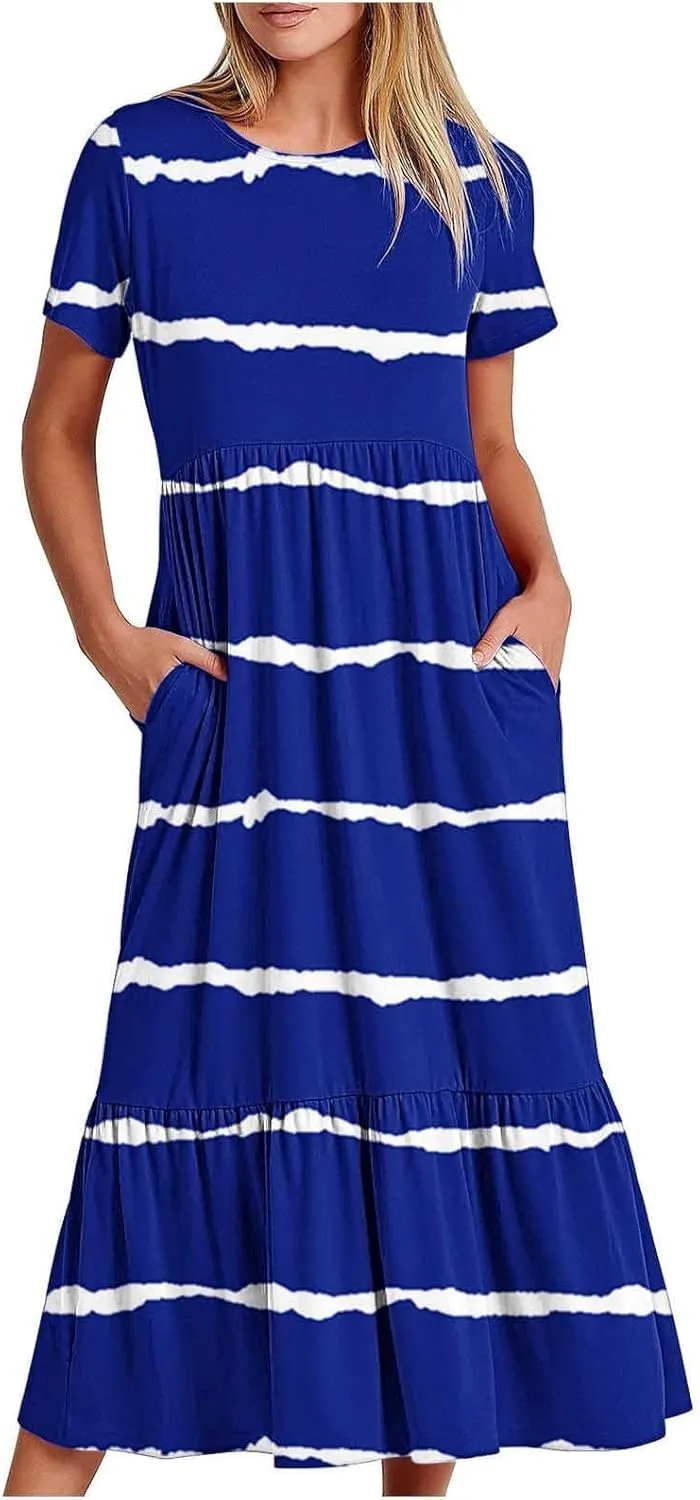 Plus Size Dresses for Curvy Women Summer Casual Short Sleeve Boho Dress Crewneck Ruffle Maxi Sundress Beach Vacation