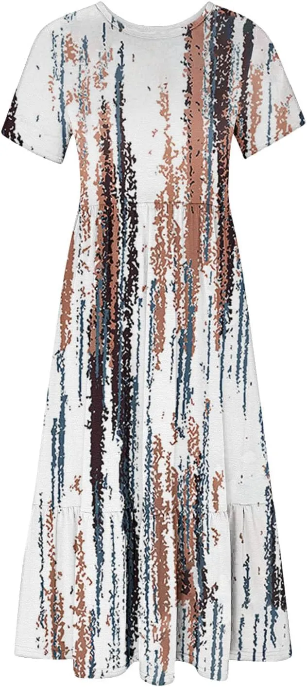 Plus Size Dresses for Curvy Women Summer Casual Short Sleeve Boho Dress Crewneck Ruffle Maxi Sundress Beach Vacation