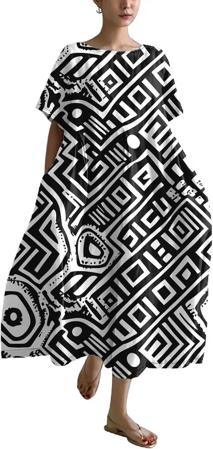 Plus Size Floral Maxi Dress for Women Summer Casual Short Sleeve Boho Dress Cotton Beach Sundresses with Pockets