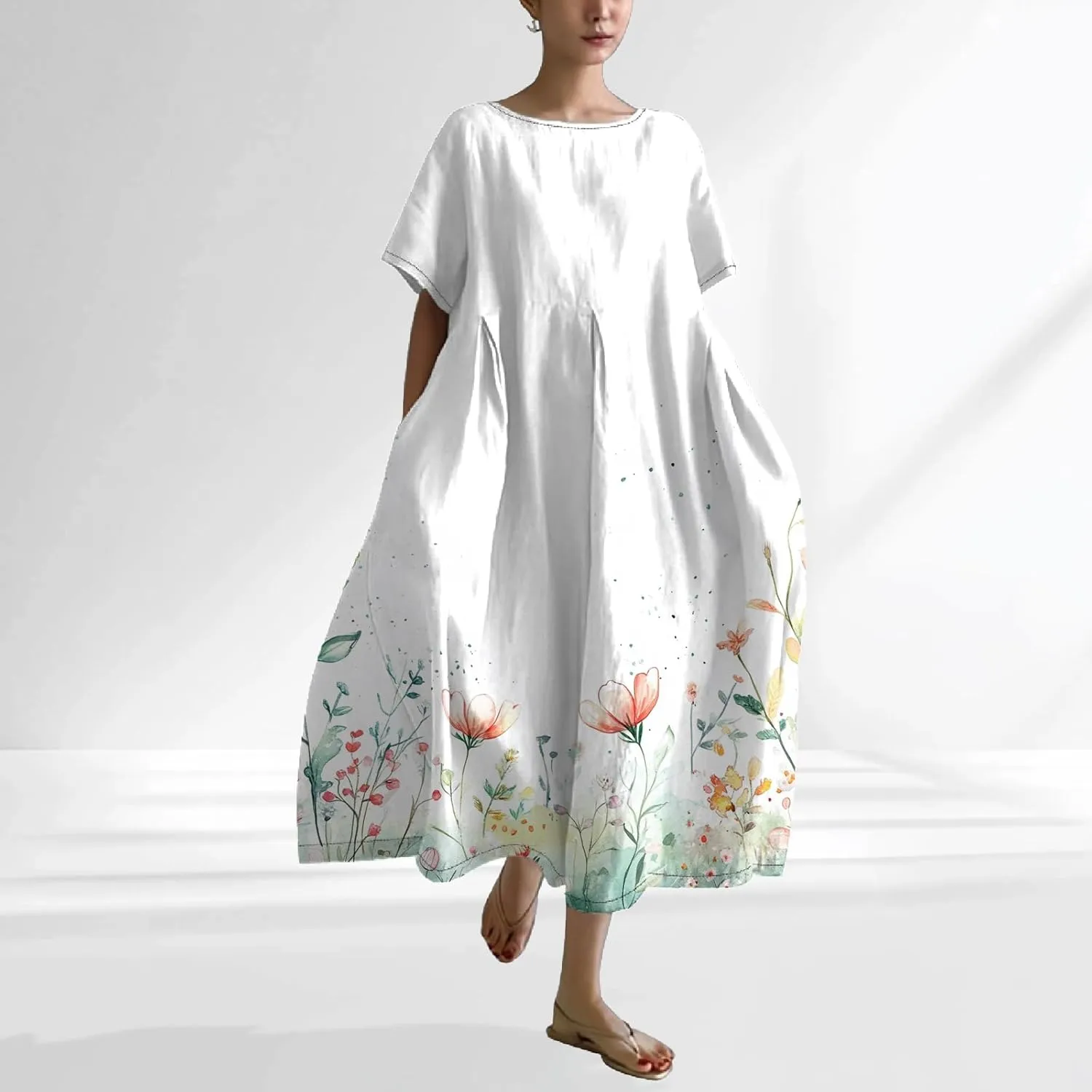 Plus Size Floral Maxi Dress for Women Summer Casual Short Sleeve Boho Dress Cotton Beach Sundresses with Pockets