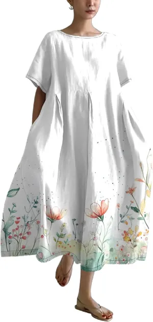 Plus Size Floral Maxi Dress for Women Summer Casual Short Sleeve Boho Dress Cotton Beach Sundresses with Pockets