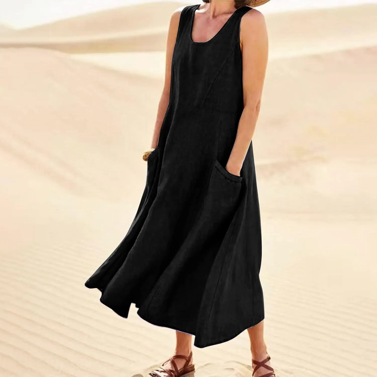 Plus Size Sun Dresses for Women Casual Summer Sleeveless Maxi Linen Dress Loose Fit U Neck Tank Dress Vacation