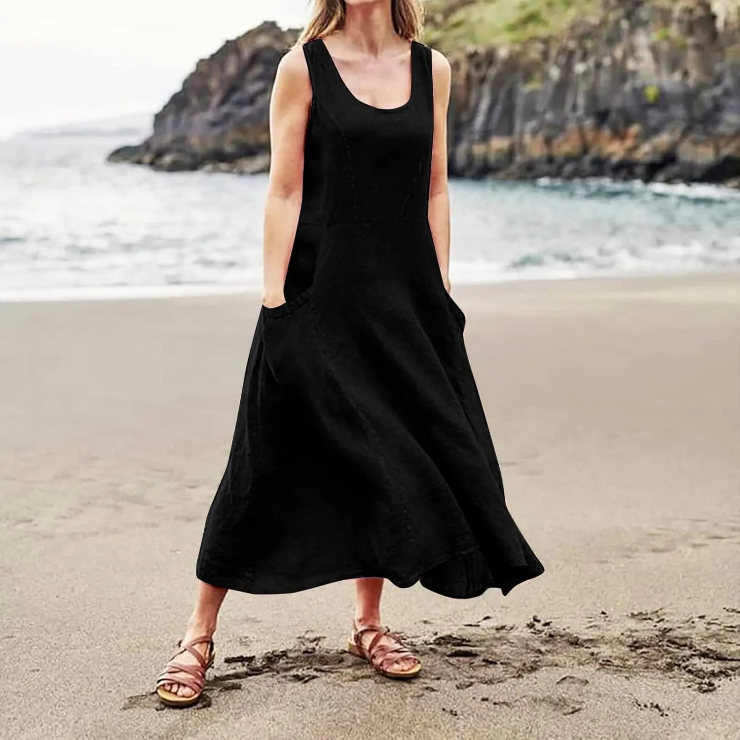 Plus Size Sun Dresses for Women Casual Summer Sleeveless Maxi Linen Dress Loose Fit U Neck Tank Dress Vacation
