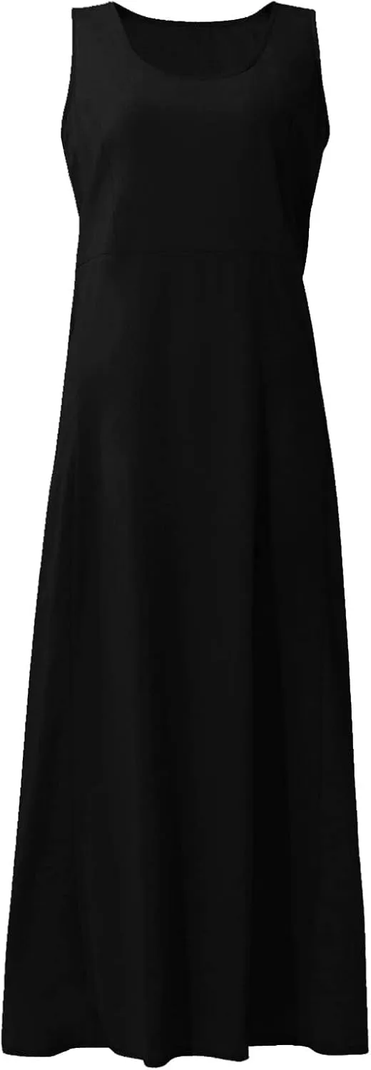 Plus Size Sun Dresses for Women Casual Summer Sleeveless Maxi Linen Dress Loose Fit U Neck Tank Dress Vacation