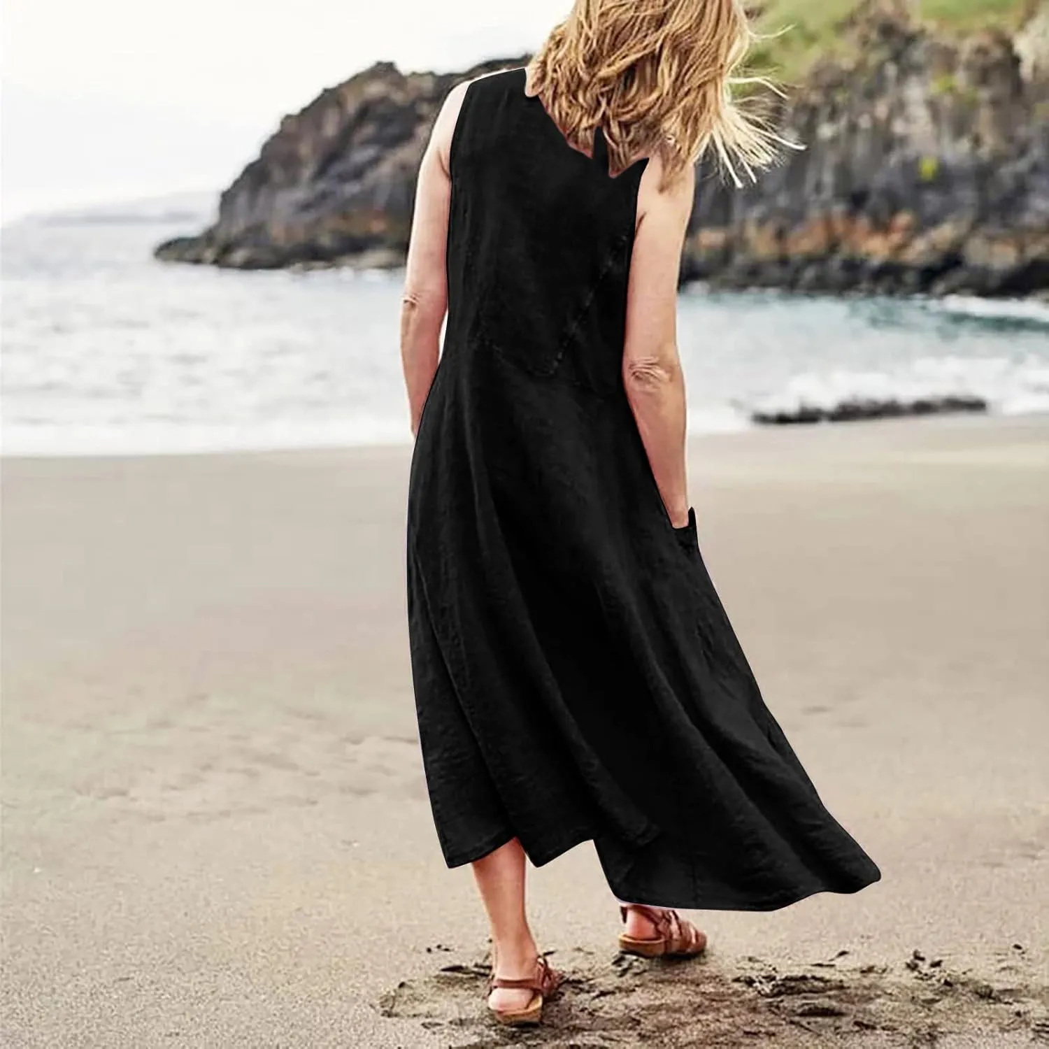 Plus Size Sun Dresses for Women Casual Summer Sleeveless Maxi Linen Dress Loose Fit U Neck Tank Dress Vacation