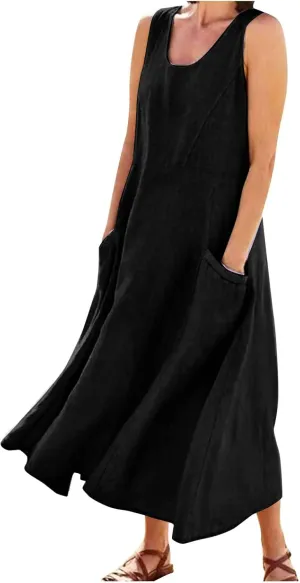 Plus Size Sun Dresses for Women Casual Summer Sleeveless Maxi Linen Dress Loose Fit U Neck Tank Dress Vacation