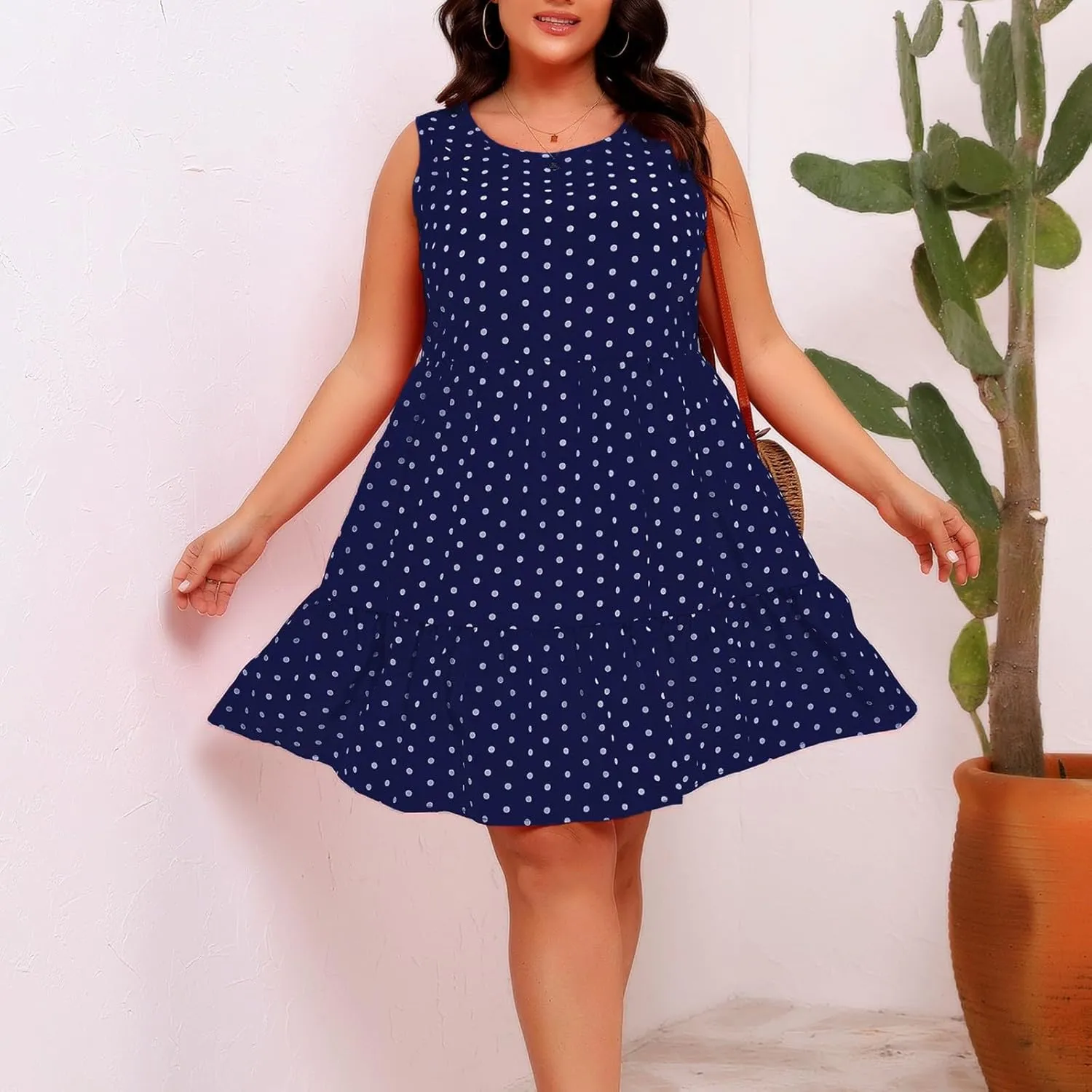Plus Size Tank Dresses for Women Plus Size Sleeveless Ruffle Hem Flowy Midi Dress Summer Crewneck Casual Dress
