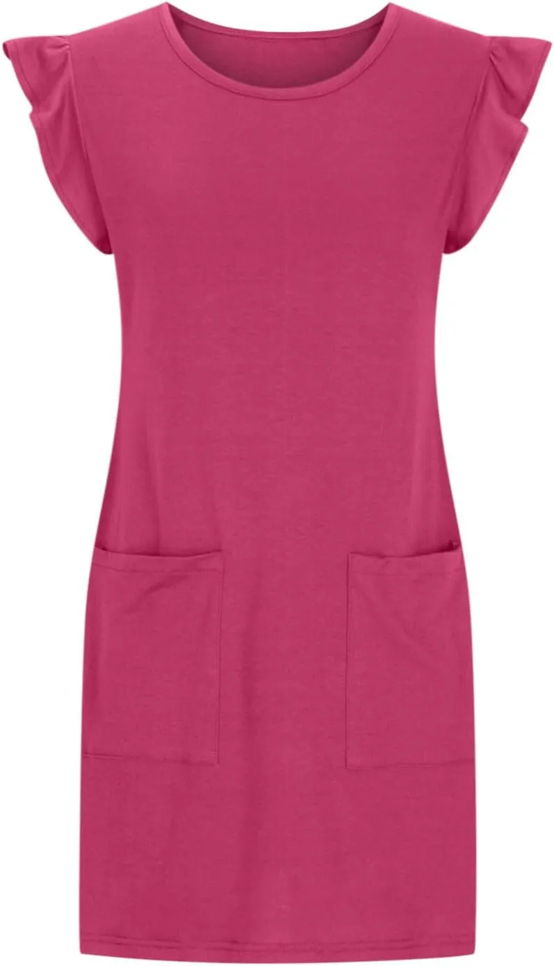 Pocket Womens Summer 2024 Dresses A Line Ruffle Cap Short Sleeve Casual Petite Mini Dress Flowy Sundress Cute Party