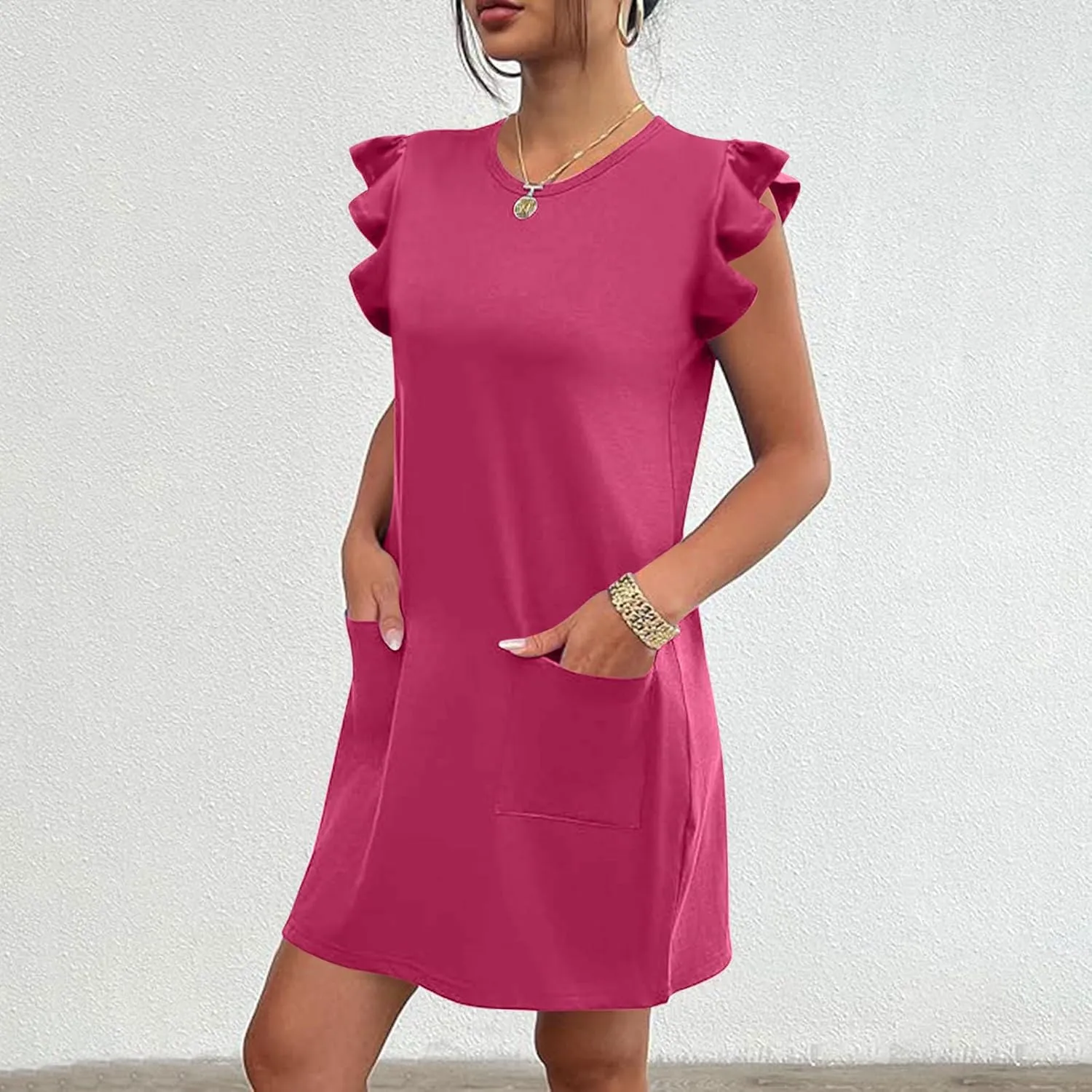 Pocket Womens Summer 2024 Dresses A Line Ruffle Cap Short Sleeve Casual Petite Mini Dress Flowy Sundress Cute Party