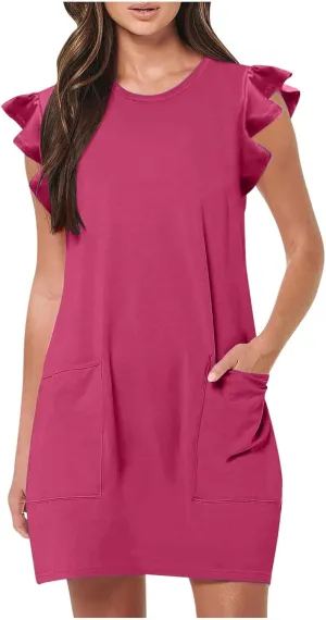 Pocket Womens Summer 2024 Dresses A Line Ruffle Cap Short Sleeve Casual Petite Mini Dress Flowy Sundress Cute Party