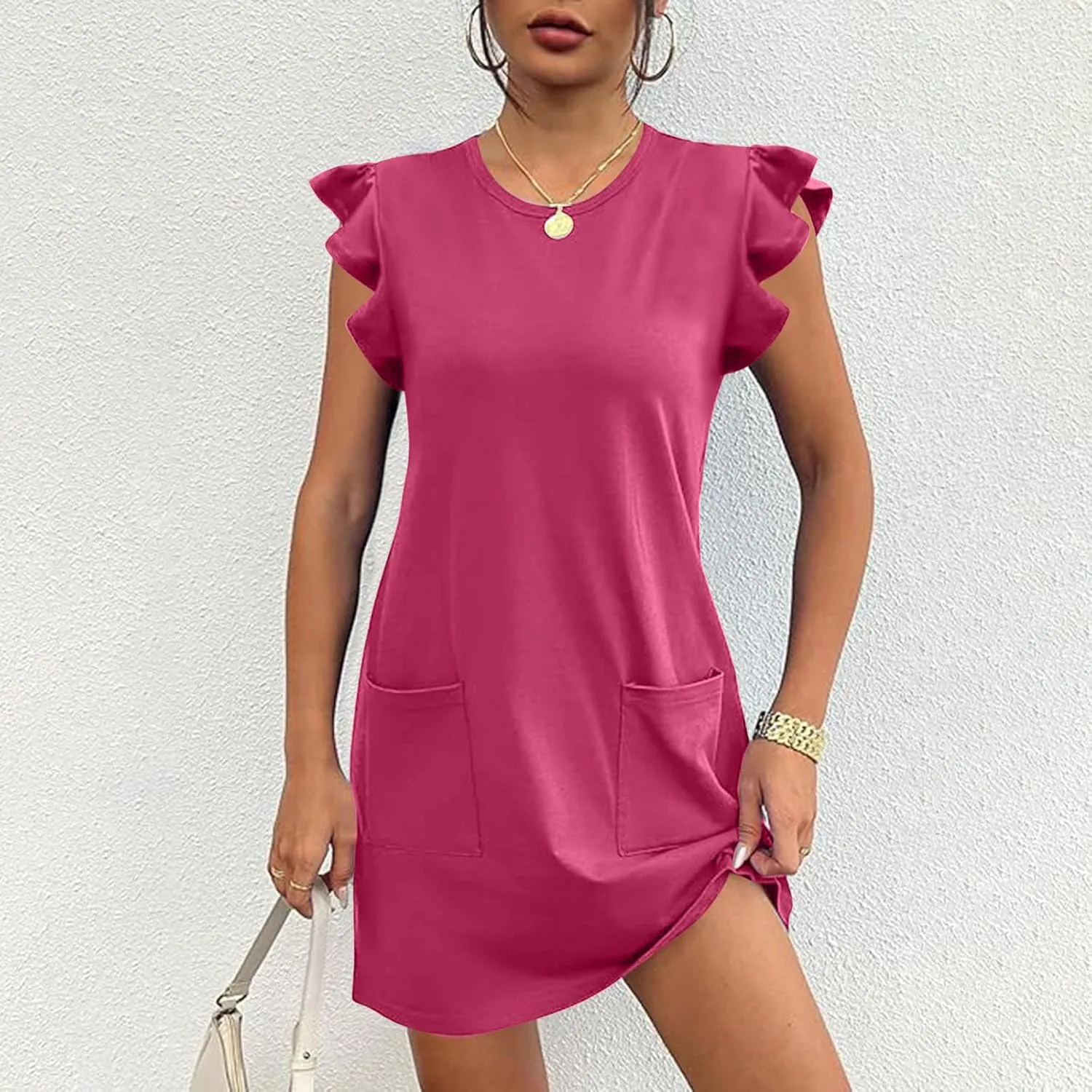 Pocket Womens Summer 2024 Dresses A Line Ruffle Cap Short Sleeve Casual Petite Mini Dress Flowy Sundress Cute Party