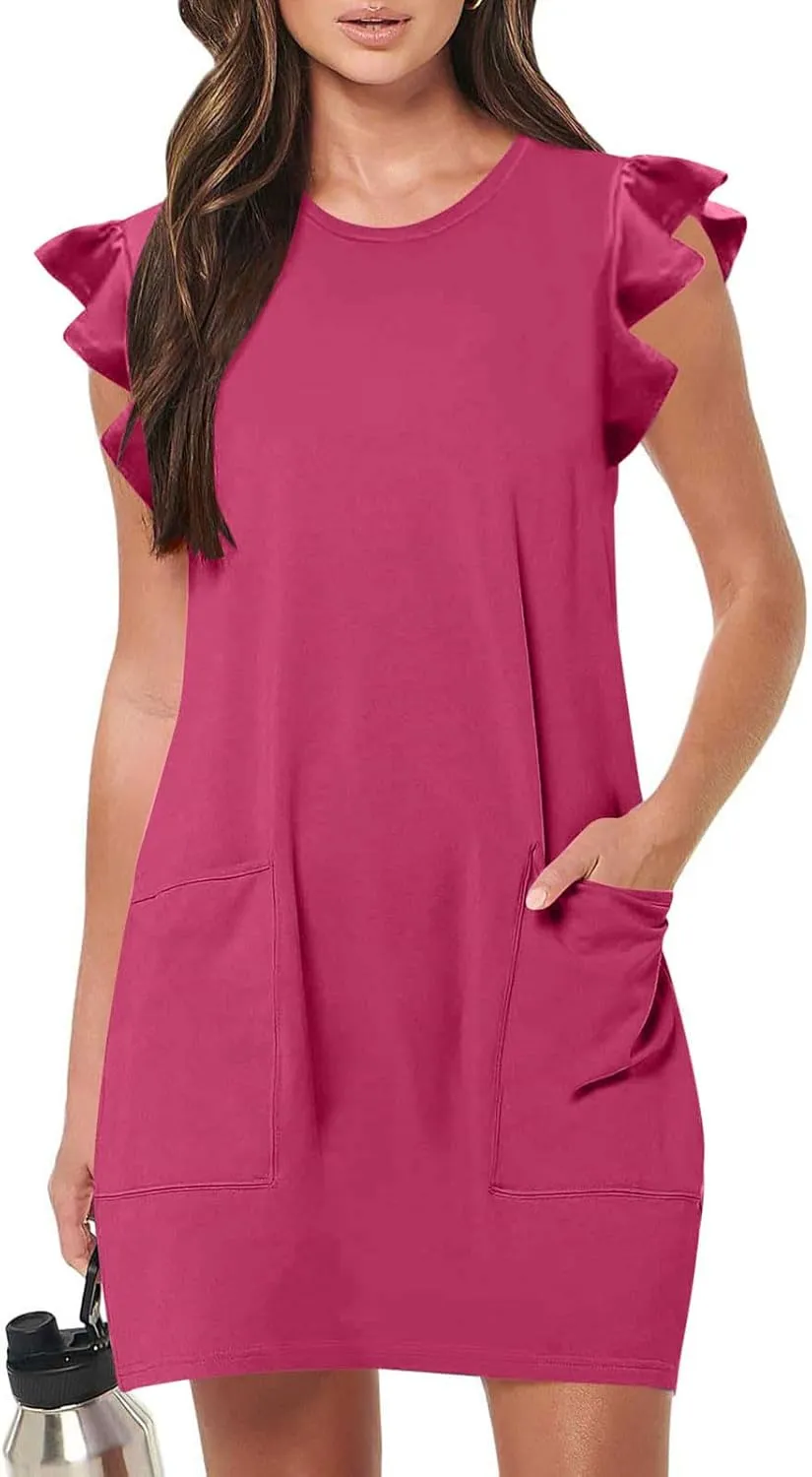 Pocket Womens Summer 2024 Dresses A Line Ruffle Cap Short Sleeve Casual Petite Mini Dress Flowy Sundress Cute Party