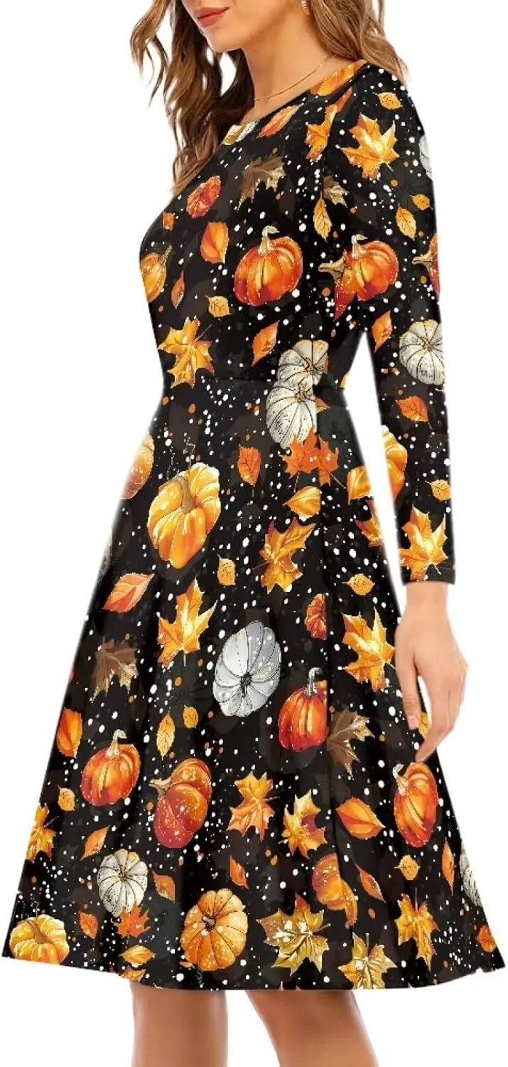 POLERO Mushroom Dresses for Women Midi Dresses with Long Sleeve Mushrooms Casual Dresses