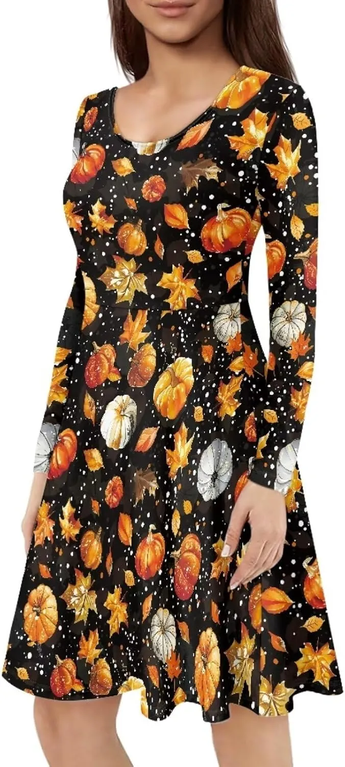 POLERO Mushroom Dresses for Women Midi Dresses with Long Sleeve Mushrooms Casual Dresses