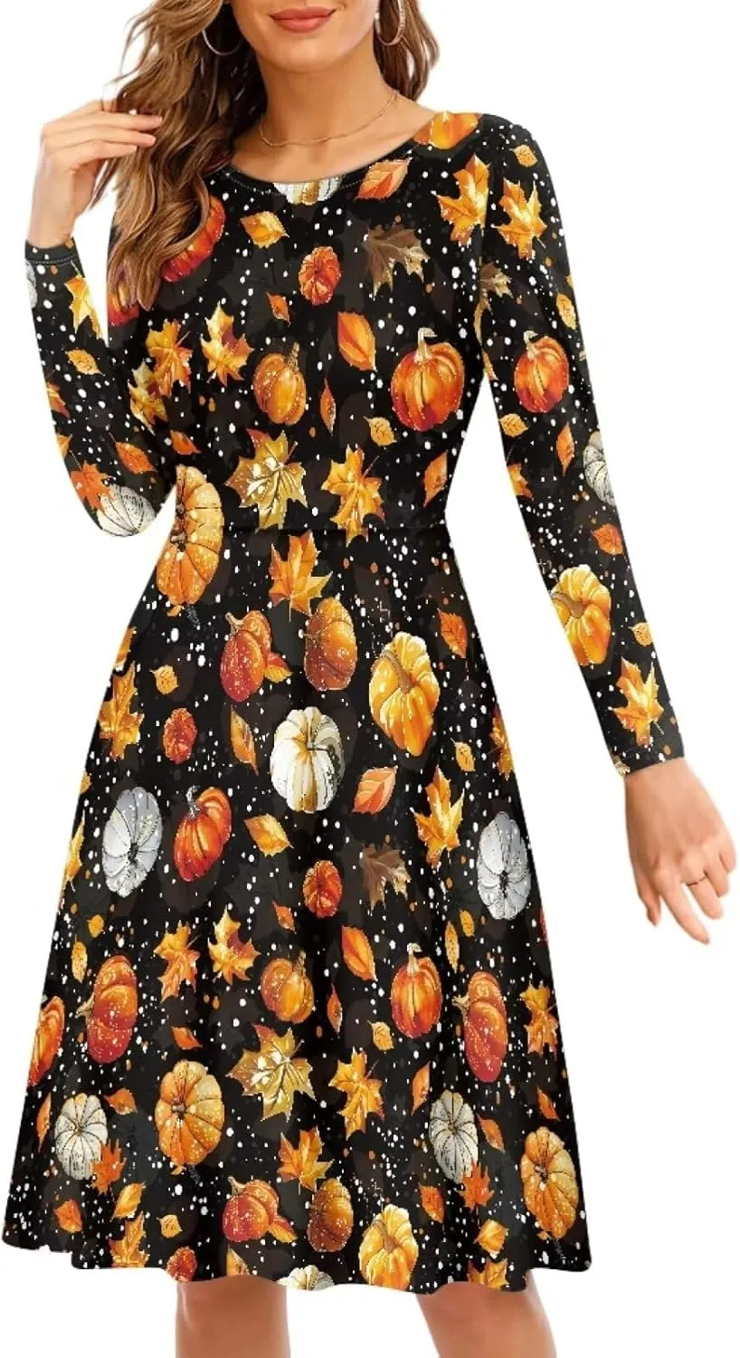 POLERO Mushroom Dresses for Women Midi Dresses with Long Sleeve Mushrooms Casual Dresses