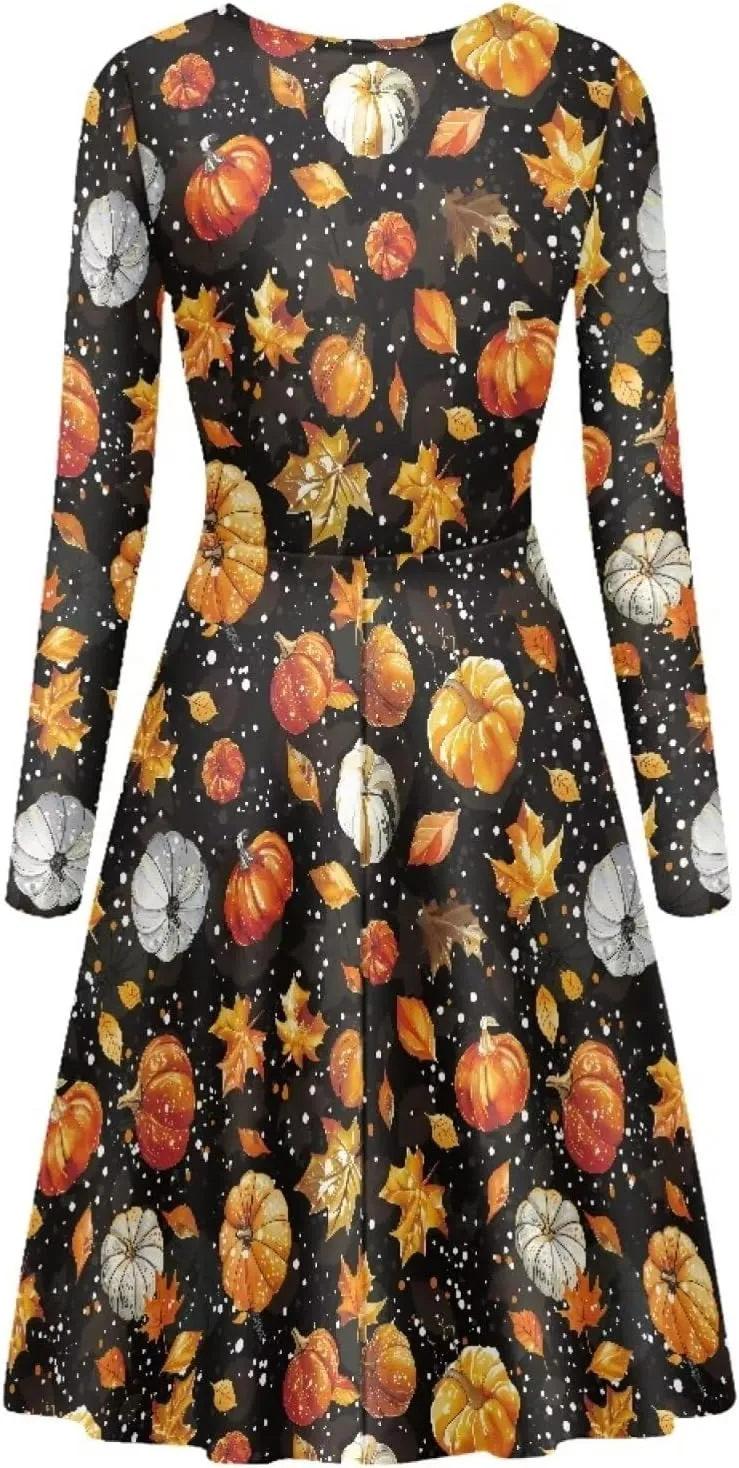 POLERO Mushroom Dresses for Women Midi Dresses with Long Sleeve Mushrooms Casual Dresses