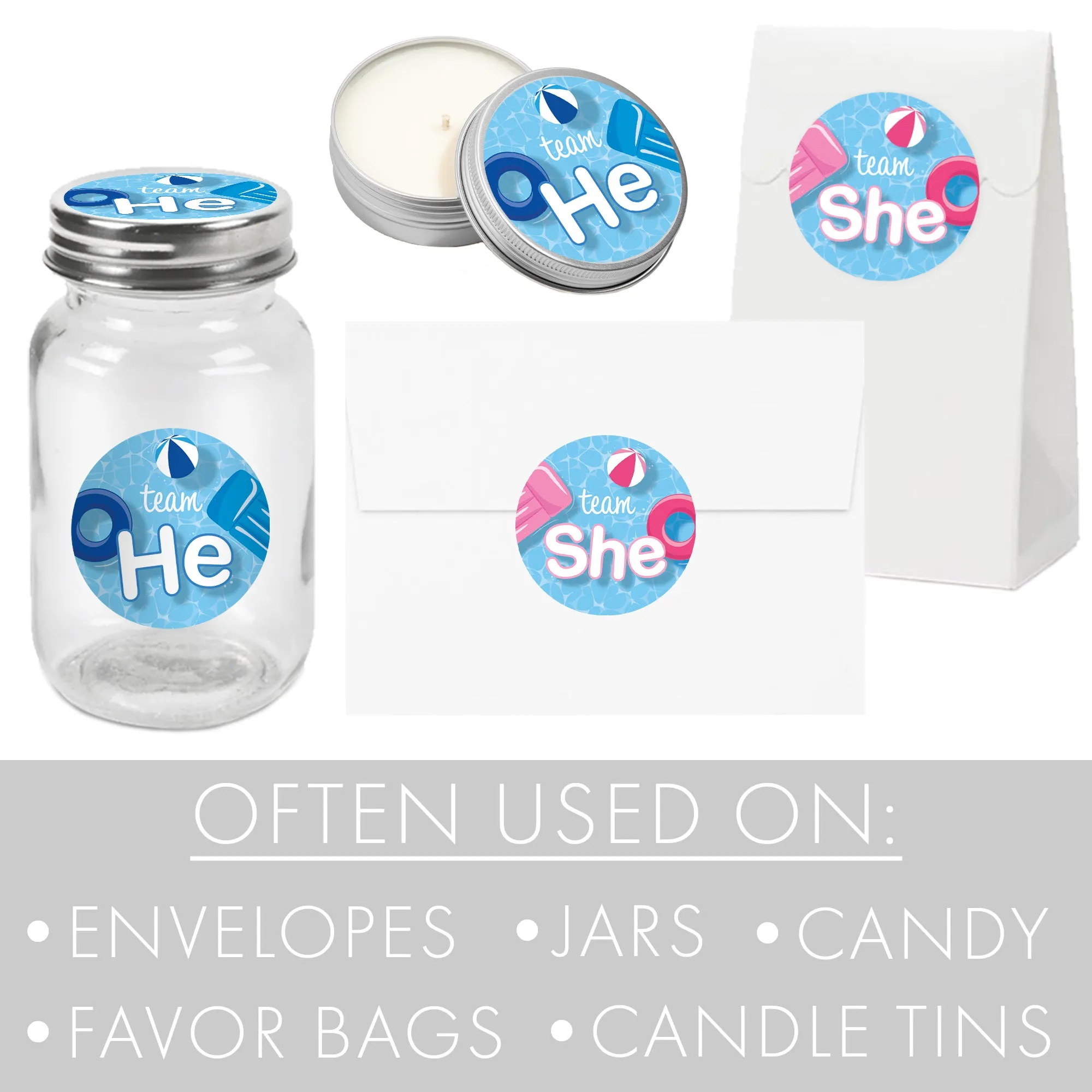 Pool Party: Gender Reveal Party - Team He or Team She - 40 Stickers