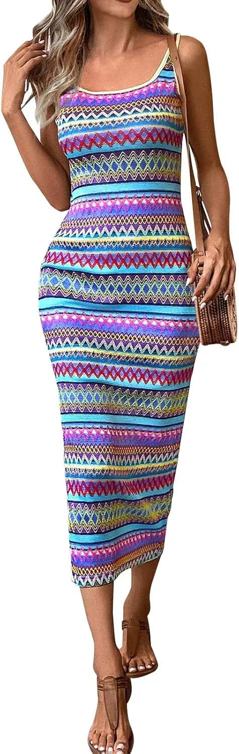 PRETTYGARDEN Tank Dress for Women 2025 Summer Casual Striped Maxi Dresses Fitted Square Neck Beach Vacation Bohemian Sundress