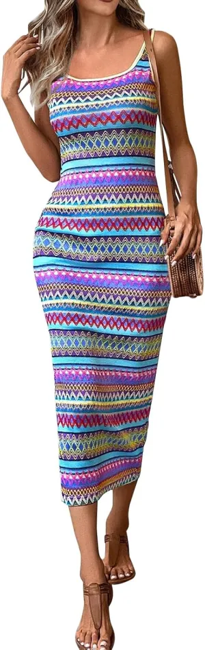 PRETTYGARDEN Tank Dress for Women 2025 Summer Casual Striped Maxi Dresses Fitted Square Neck Beach Vacation Bohemian Sundress