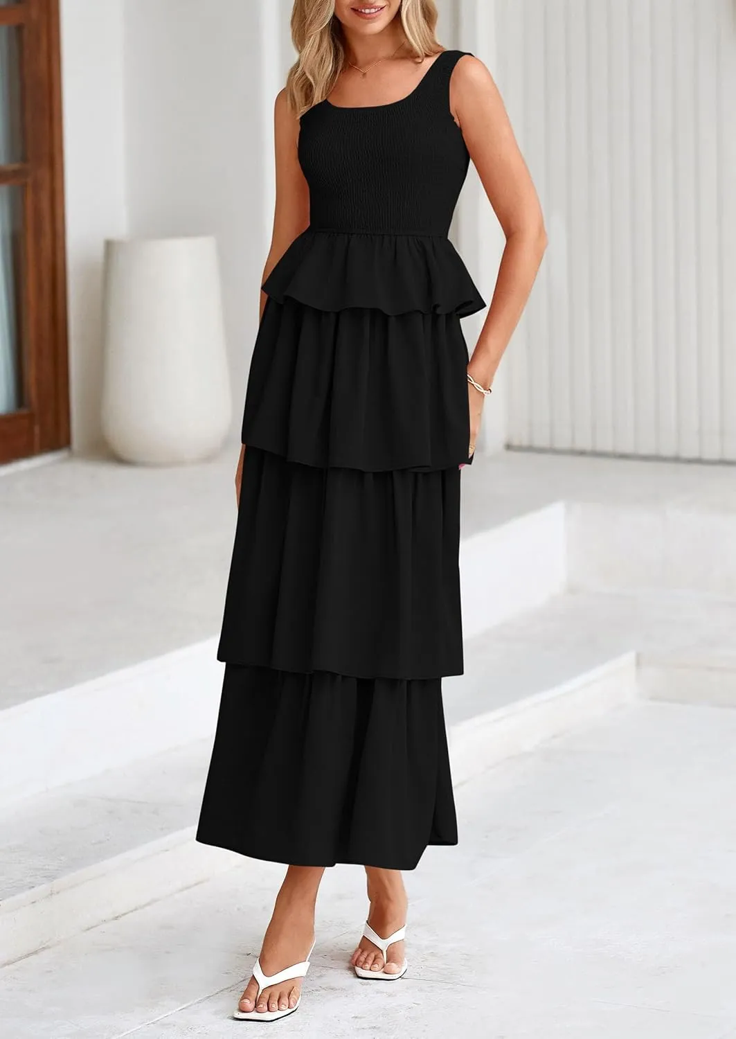 PRETTYGARDEN Womens 2025 Summer Sleeveless Midi Dress Scoop Neck A Line Smocked Ruffle Tiered Layered Beach Vacation Dresses