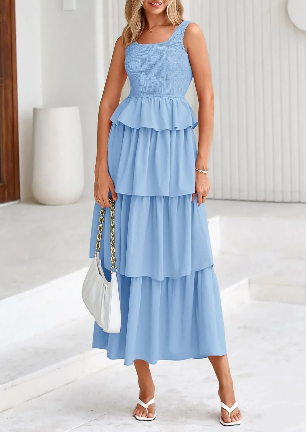 PRETTYGARDEN Womens 2025 Summer Sleeveless Midi Dress Scoop Neck A Line Smocked Ruffle Tiered Layered Beach Vacation Dresses