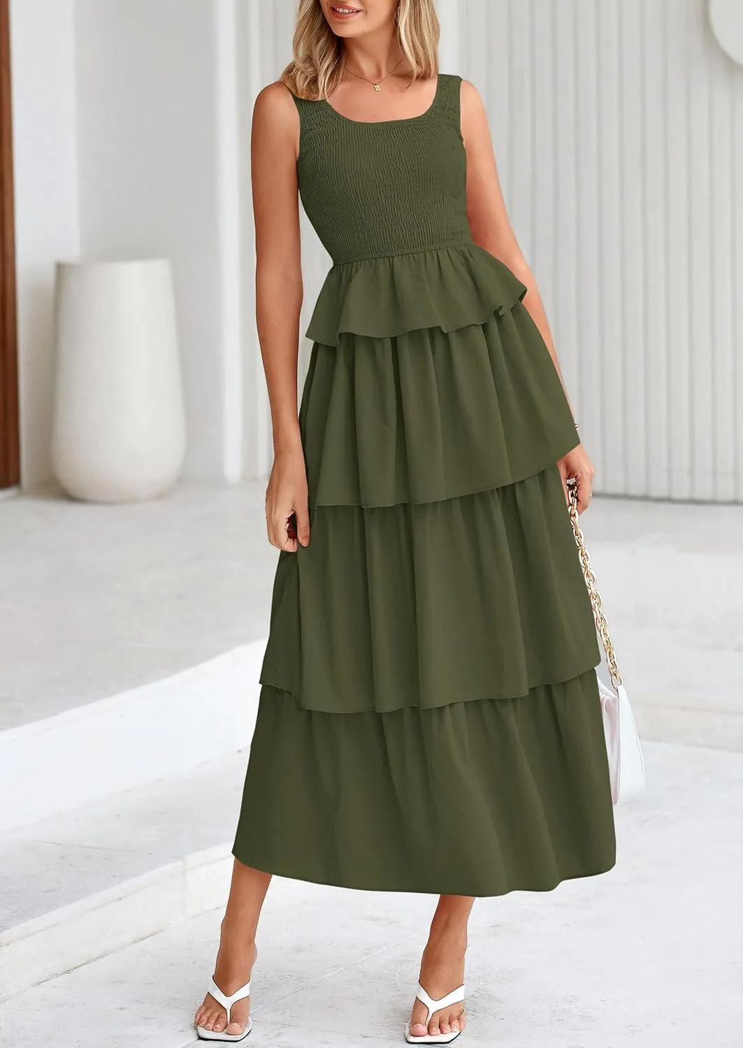 PRETTYGARDEN Womens 2025 Summer Sleeveless Midi Dress Scoop Neck A Line Smocked Ruffle Tiered Layered Beach Vacation Dresses