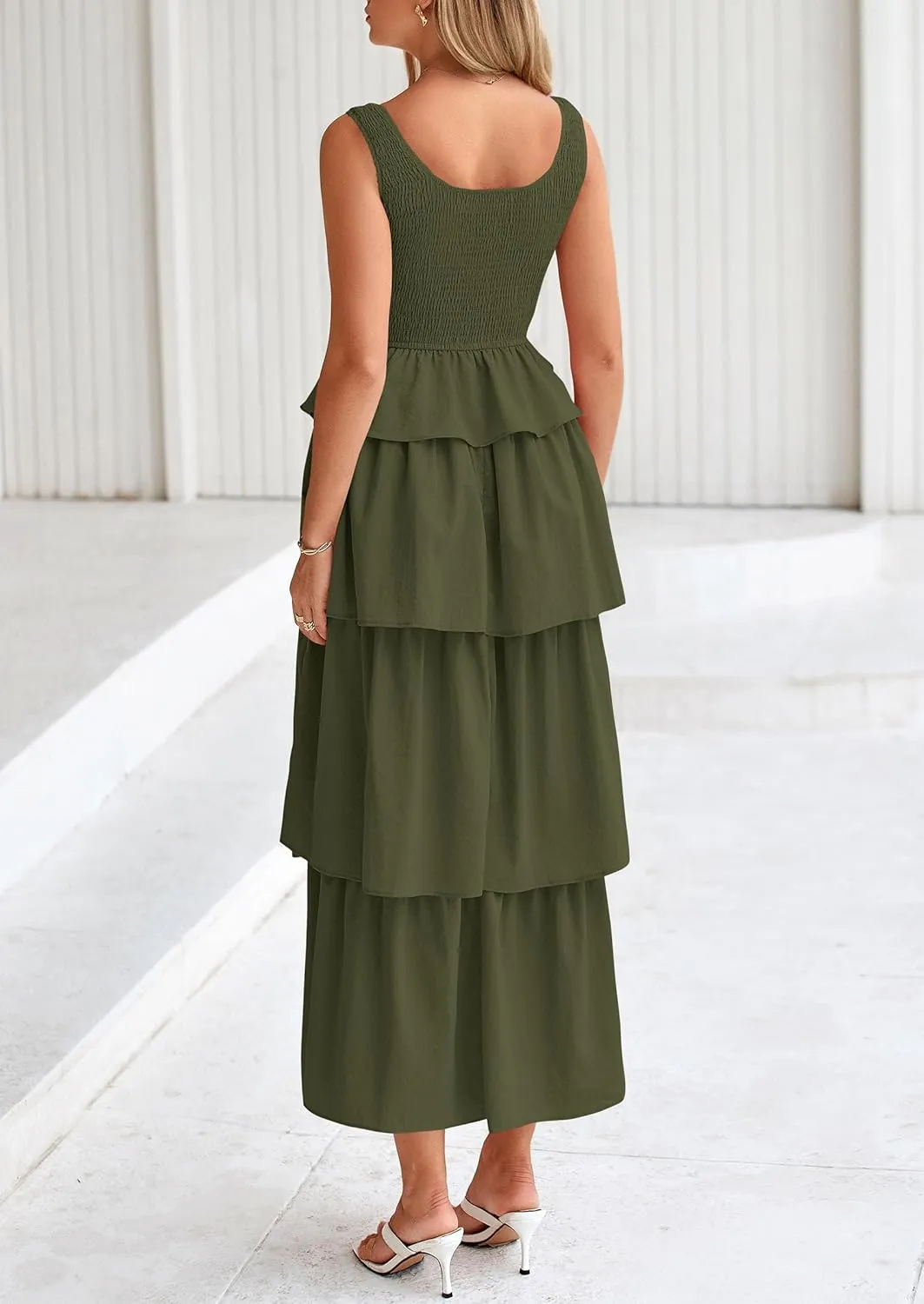 PRETTYGARDEN Womens 2025 Summer Sleeveless Midi Dress Scoop Neck A Line Smocked Ruffle Tiered Layered Beach Vacation Dresses