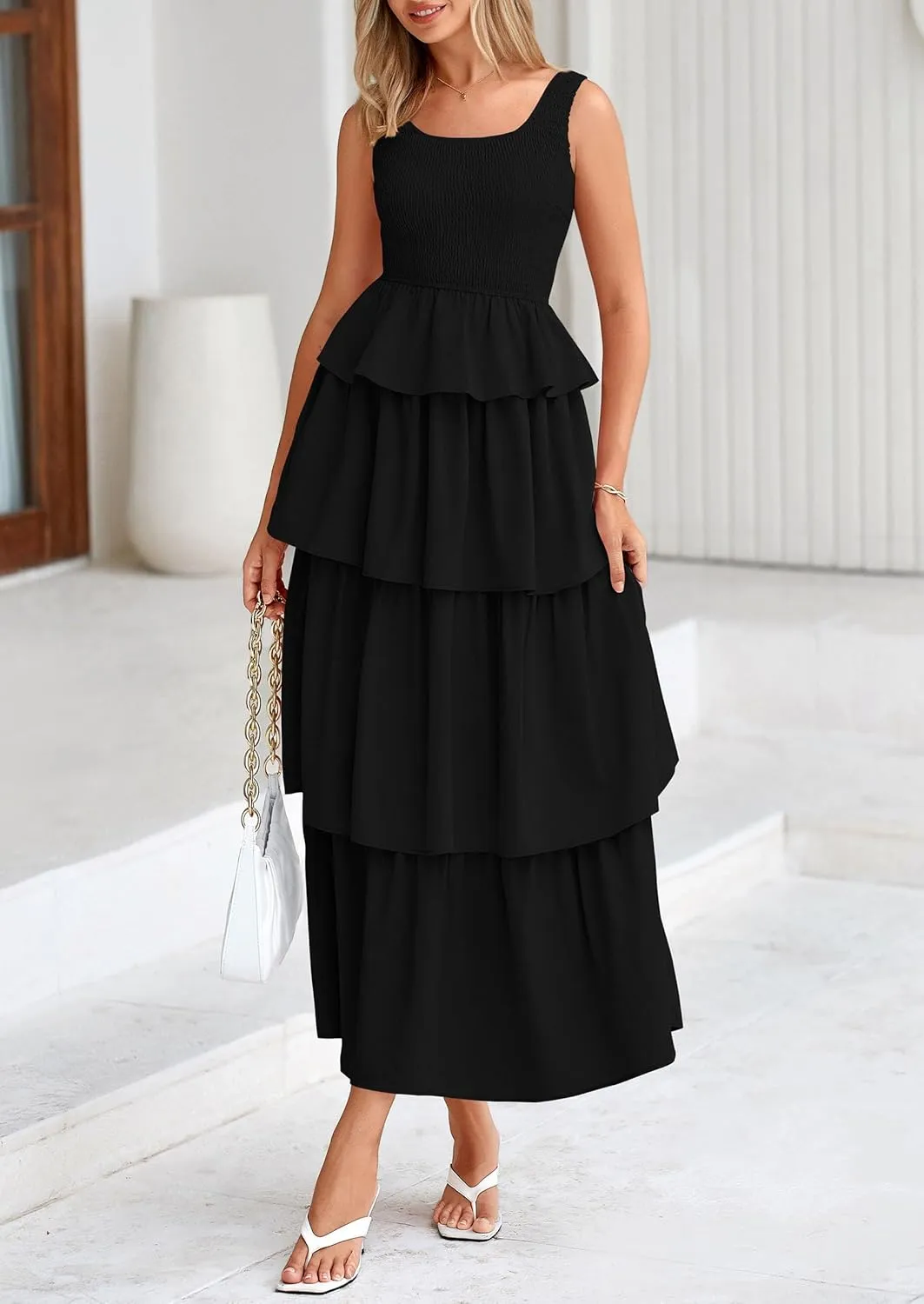 PRETTYGARDEN Womens 2025 Summer Sleeveless Midi Dress Scoop Neck A Line Smocked Ruffle Tiered Layered Beach Vacation Dresses