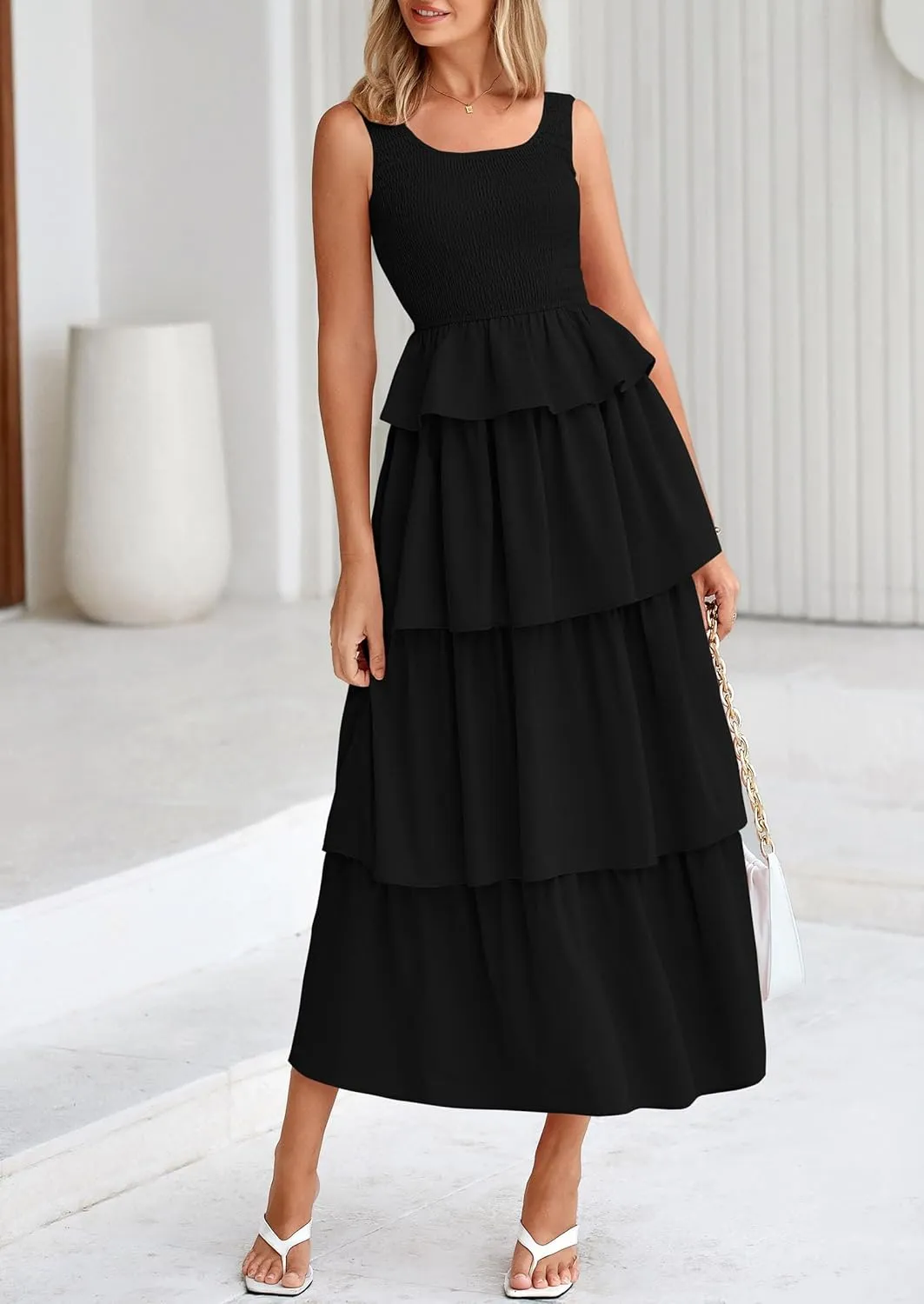 PRETTYGARDEN Womens 2025 Summer Sleeveless Midi Dress Scoop Neck A Line Smocked Ruffle Tiered Layered Beach Vacation Dresses