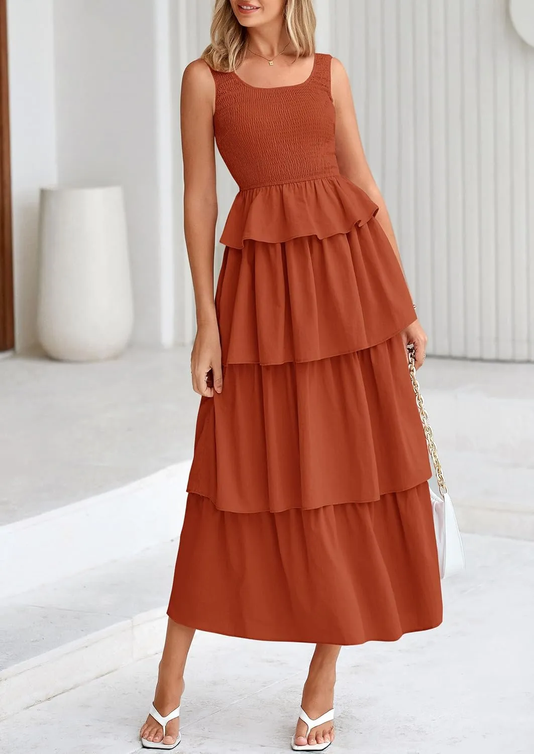 PRETTYGARDEN Womens 2025 Summer Sleeveless Midi Dress Scoop Neck A Line Smocked Ruffle Tiered Layered Beach Vacation Dresses