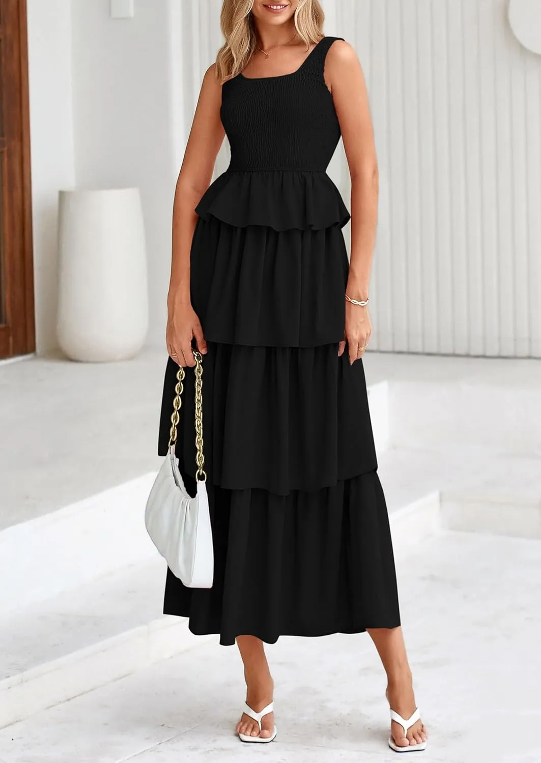 PRETTYGARDEN Womens 2025 Summer Sleeveless Midi Dress Scoop Neck A Line Smocked Ruffle Tiered Layered Beach Vacation Dresses