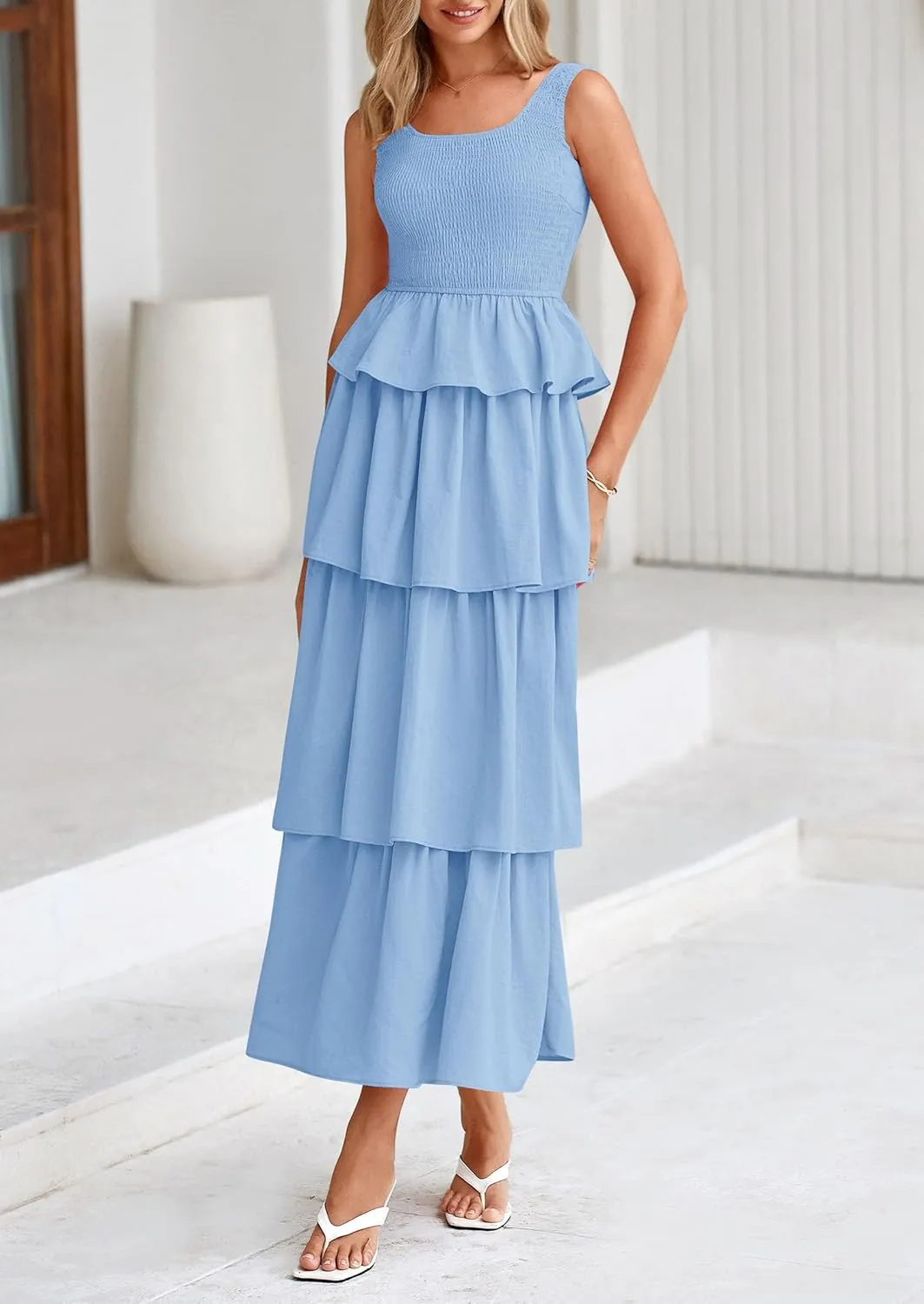 PRETTYGARDEN Womens 2025 Summer Sleeveless Midi Dress Scoop Neck A Line Smocked Ruffle Tiered Layered Beach Vacation Dresses