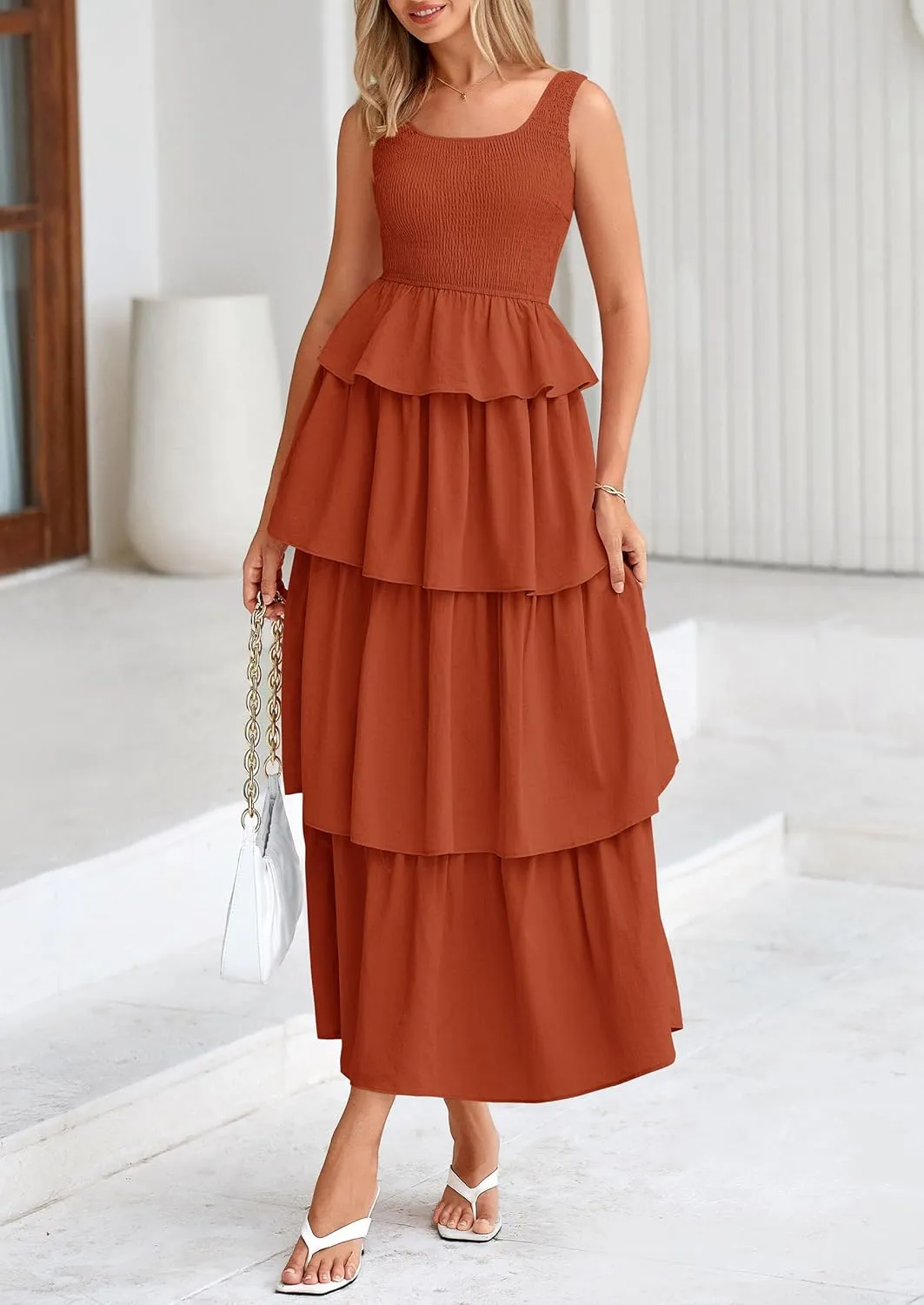 PRETTYGARDEN Womens 2025 Summer Sleeveless Midi Dress Scoop Neck A Line Smocked Ruffle Tiered Layered Beach Vacation Dresses