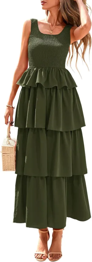 PRETTYGARDEN Womens 2025 Summer Sleeveless Midi Dress Scoop Neck A Line Smocked Ruffle Tiered Layered Beach Vacation Dresses
