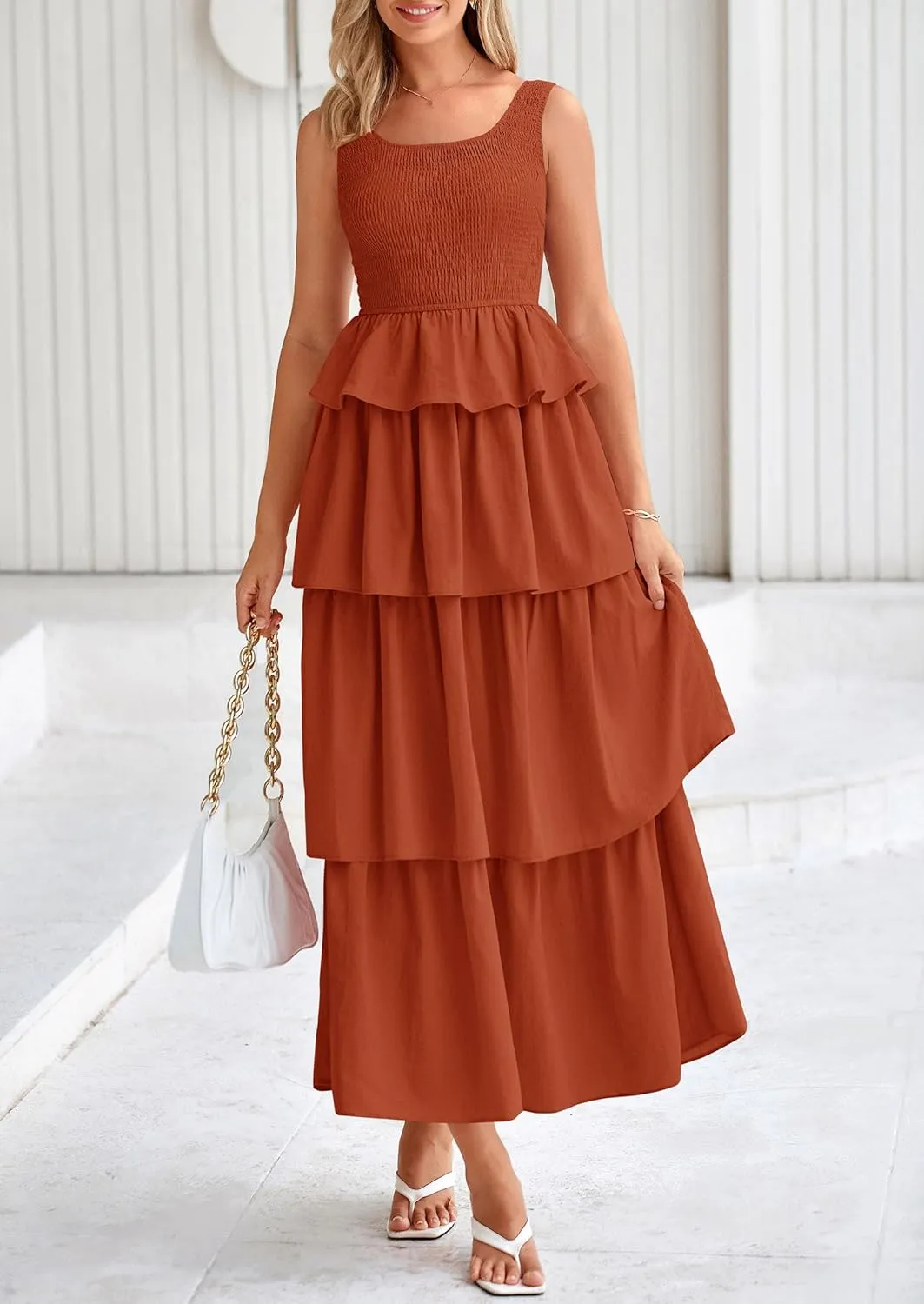 PRETTYGARDEN Womens 2025 Summer Sleeveless Midi Dress Scoop Neck A Line Smocked Ruffle Tiered Layered Beach Vacation Dresses