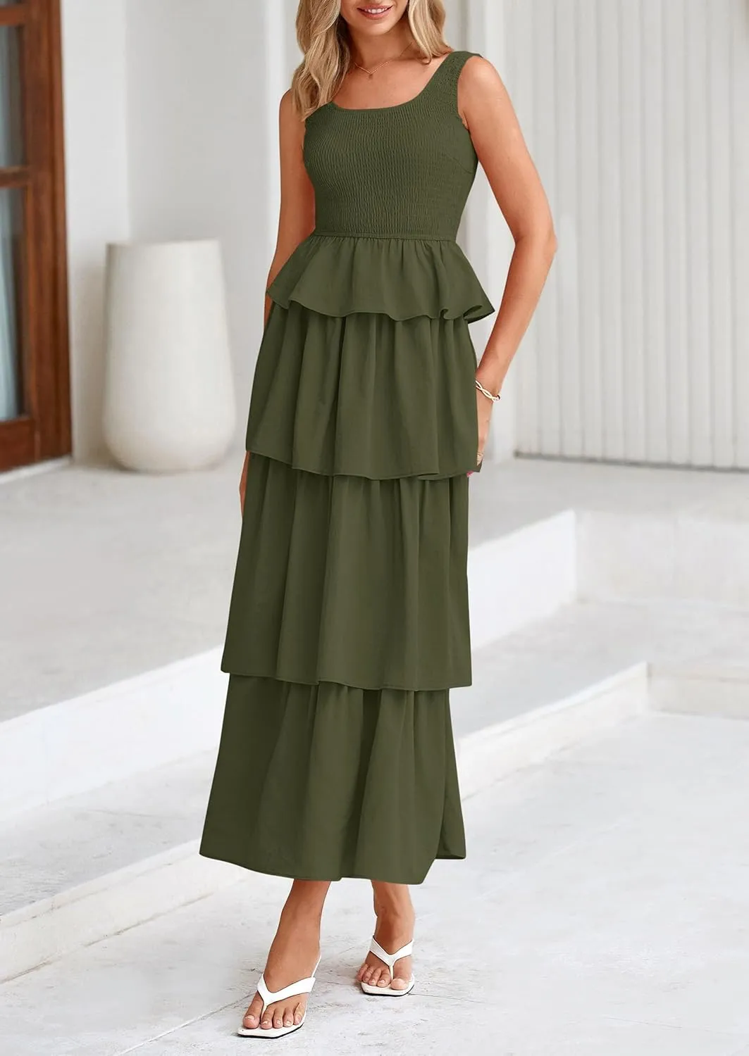 PRETTYGARDEN Womens 2025 Summer Sleeveless Midi Dress Scoop Neck A Line Smocked Ruffle Tiered Layered Beach Vacation Dresses